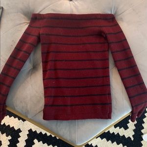 Maroon w black stripes off the shoulder sweater. S